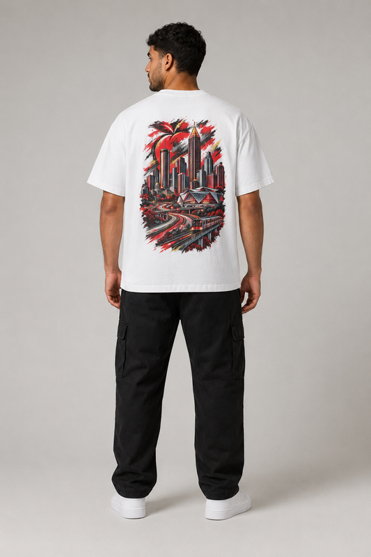 Atlanta A-Town Skyline 240 GSM Heavyweight Boxy T-Shirt, White back-view full-body men’s studio model photo, Atlanta | City 2 City Wear