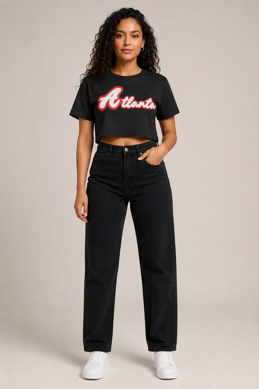 Atlanta Script Women’s Crop T-Shirt, Black front-view full-body women’s studio model photo | City 2 City Wear