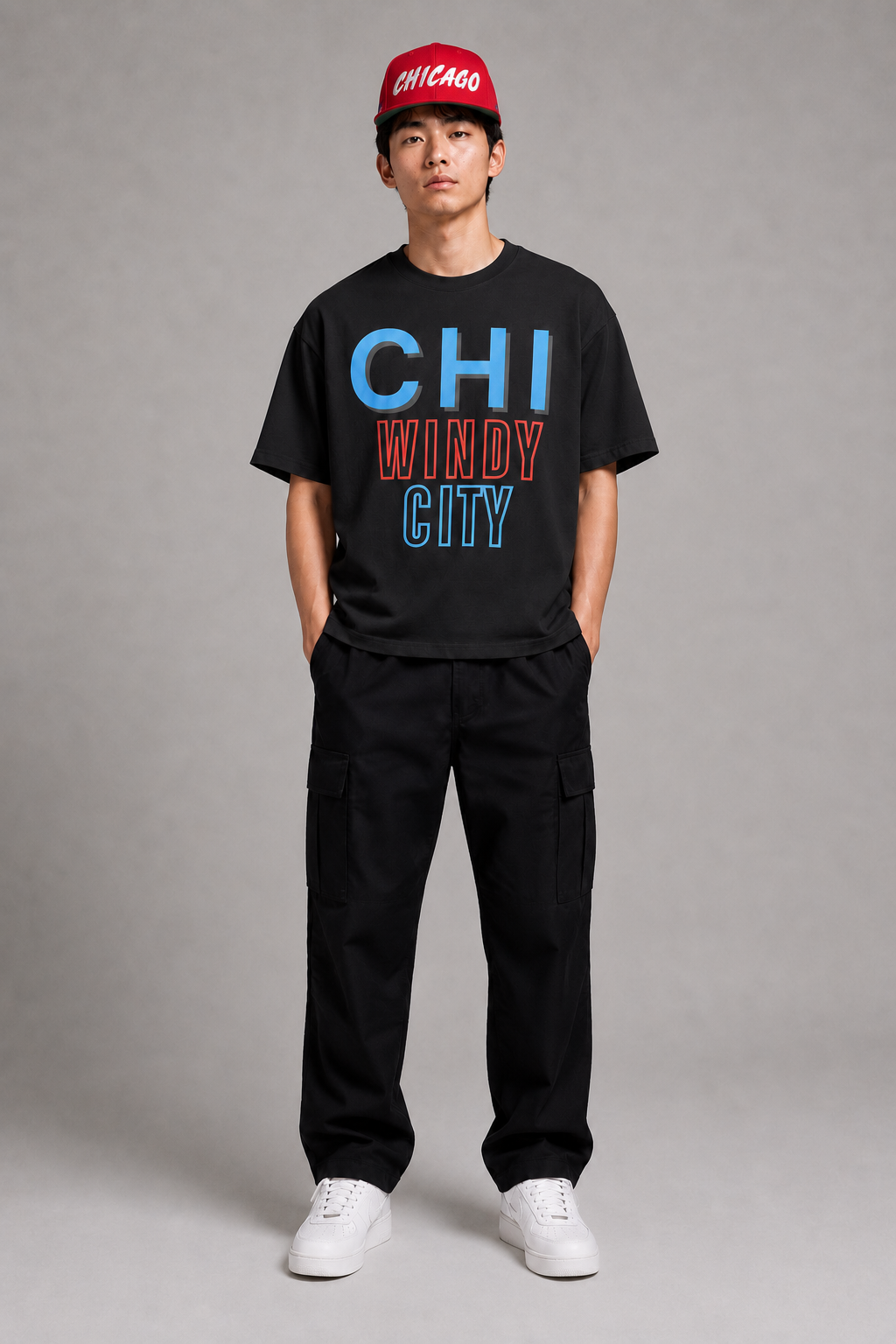 Chicago Windy City Red Embroidered Snapback Hat — full-body Chicago streetwear model wearing red CHICAGO snapback and black Chicago Windy City Skyline graphic T-shirt | City 2 City Wear