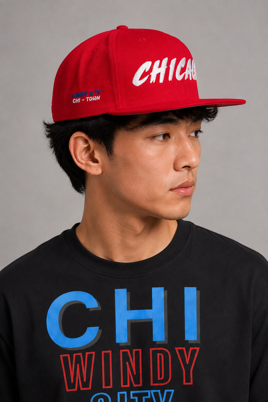 Chicago Windy City Red Embroidered Snapback Hat — side-profile Chicago model close-up showing blue WINDY CITY and white CHI-TOWN embroidery | City 2 City Wear