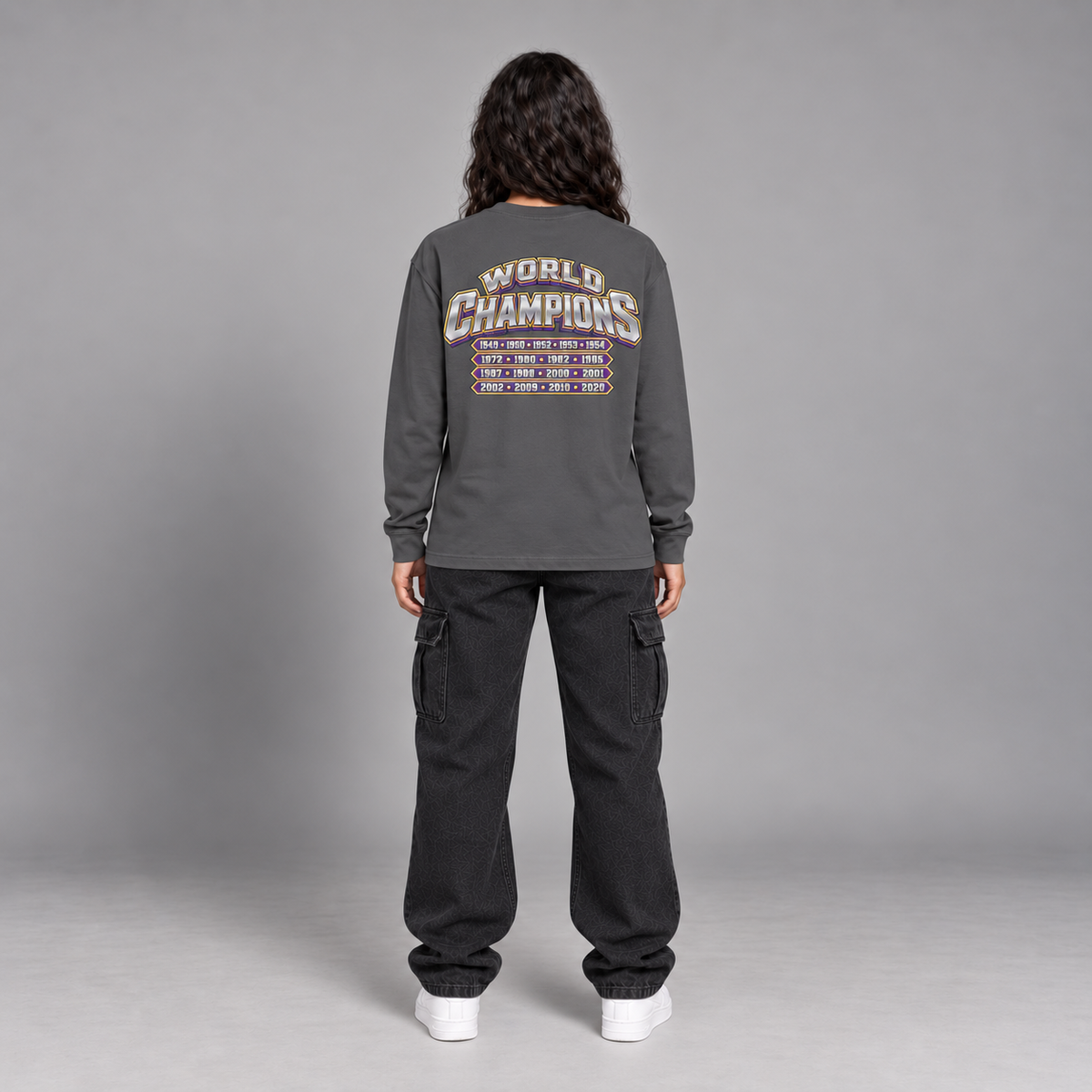Los Angeles City Champions dark gray long sleeve T-shirt back view full-body model with championship years graphic | City 2 City Wear