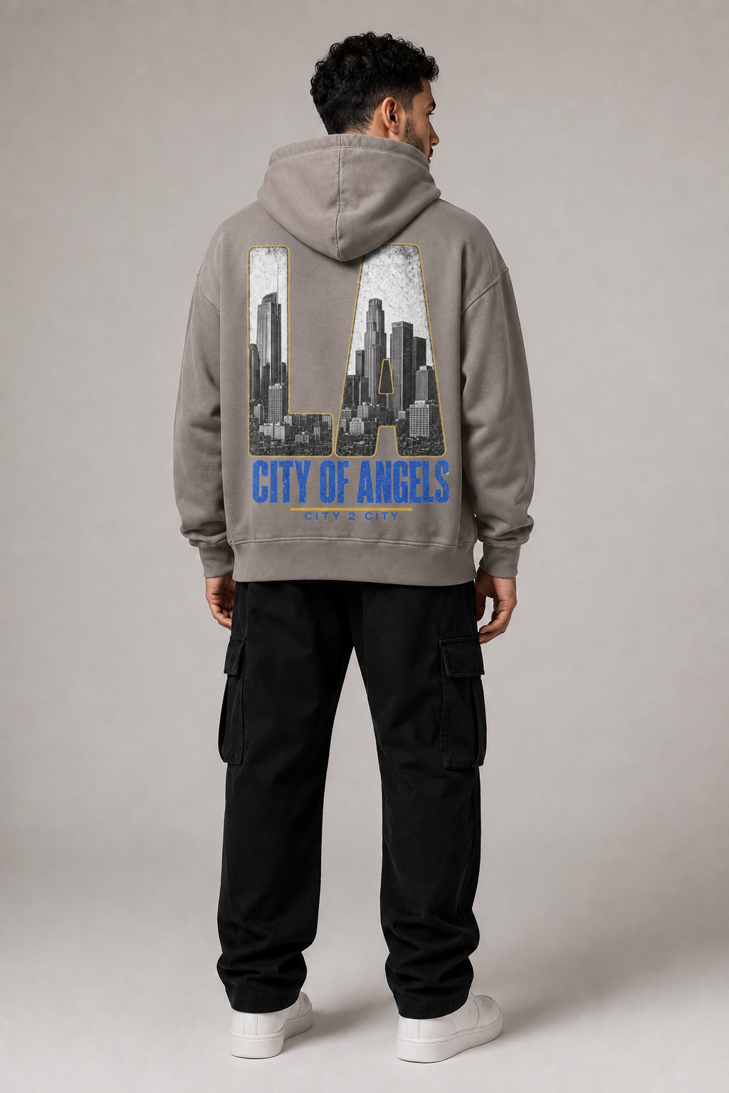 Los Angeles City of Angels Skyline 440 GSM Oversized Hoodie, Friar Gray back-view full-body men’s studio model photo, Los Angeles | City 2 City Wear