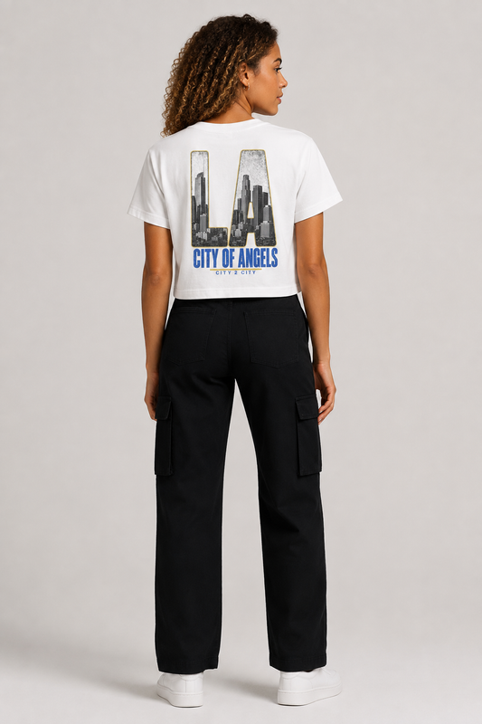 Los Angeles City of Angels Skyline Women’s Crop T-Shirt, White back-view full-body women’s studio model photo, Los Angeles | City 2 City Wear