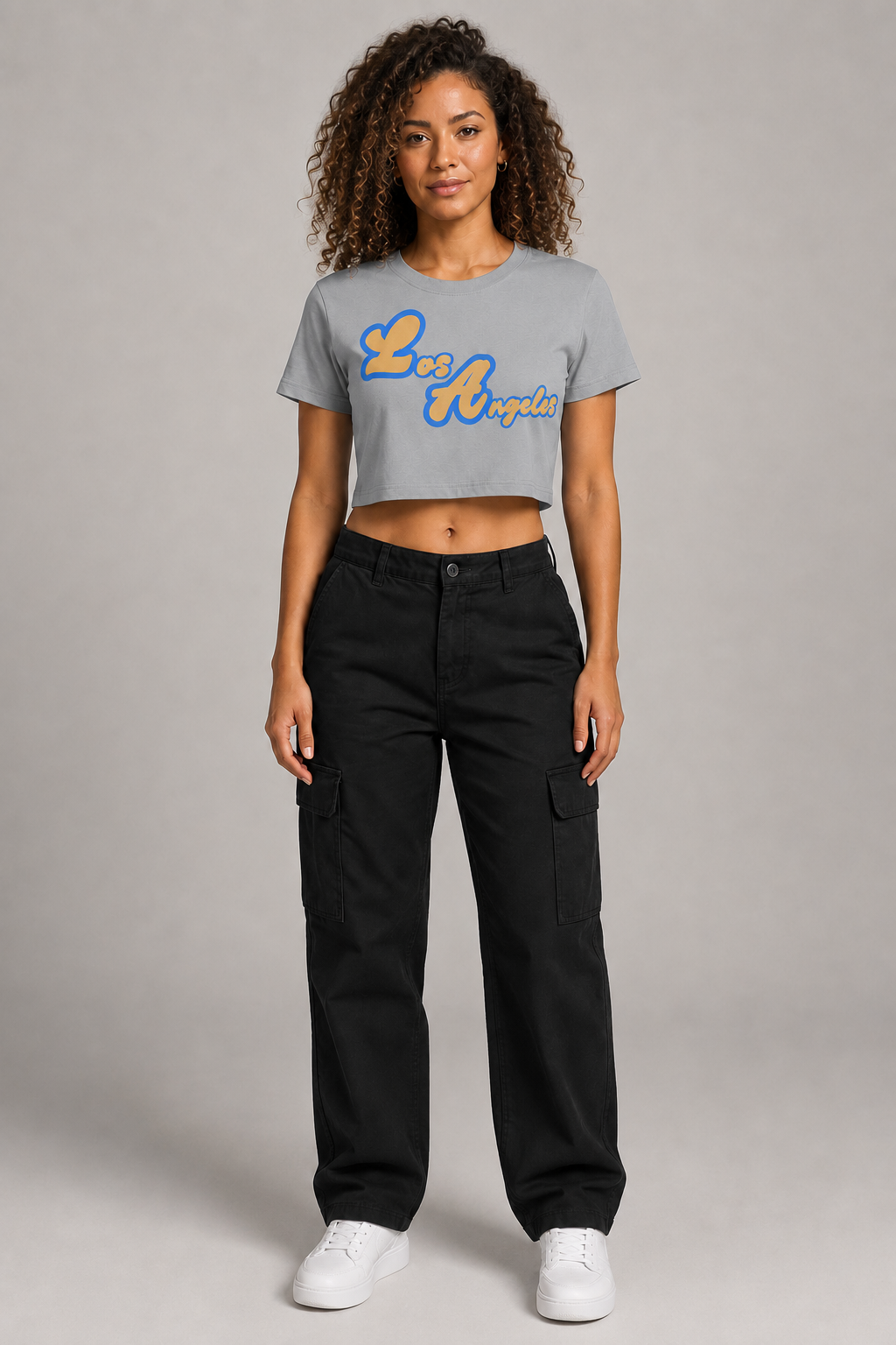 Los Angeles Script Women’s Crop T-Shirt, Light Gray front-view full-body women’s studio model photo, Los Angeles | City 2 City Wear