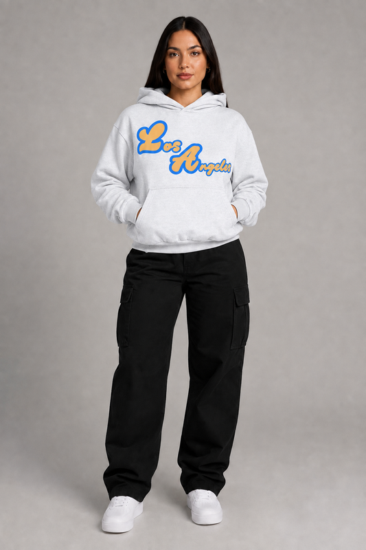 Los Angeles Sculpted 400 GSM Women’s Hoodie, Light Gray front-view full-body women’s studio model photo, Los Angeles | City 2 City Wear