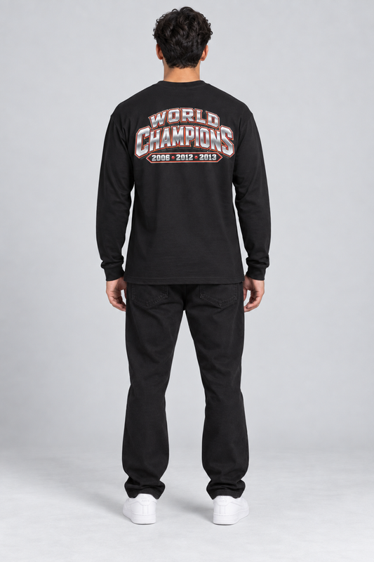 Miami 3-Time City Champions black 220 GSM long-sleeve T-shirt on male model – full-body back view | City 2 City Wear