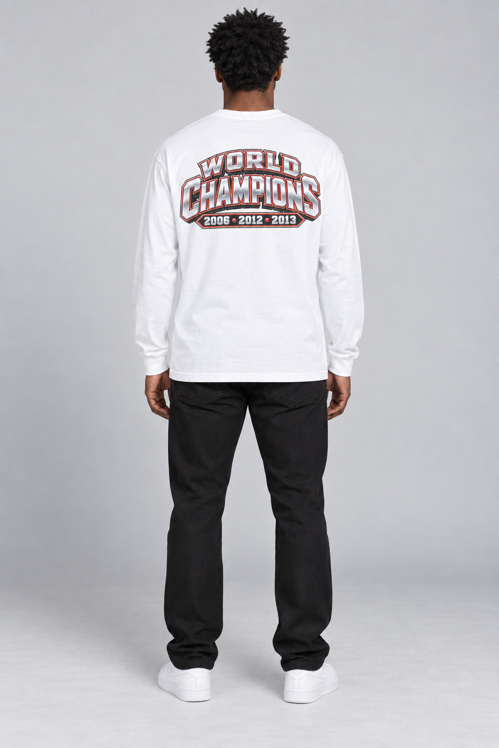 Miami 3-Time City Champions white 220 GSM long-sleeve T-shirt on male model – full-body back view | City 2 City Wear