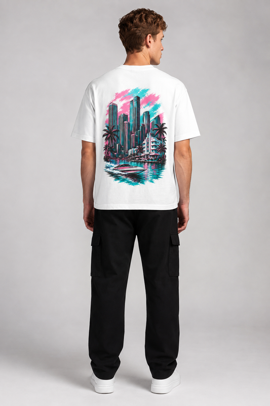 Miami 305 Skyline 240 GSM Heavyweight Boxy T-Shirt, White back-view full-body men’s studio model photo, Miami | City 2 City Wear