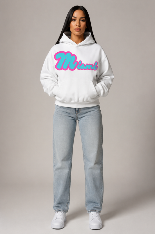 Miami Teal & Pink 400 GSM Women’s Sculpted Hoodie, White front-view full-body women’s studio model photo, Miami | City 2 City Wear