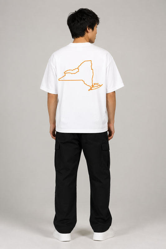 New York City 1624 Heritage 240 GSM Heavyweight Boxy T-Shirt, White back-view full-body men’s studio model photo, New York City | City 2 City Wear