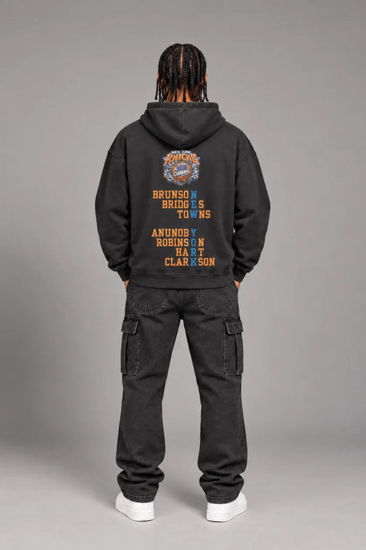 New York City Champions 2026 faded black 440 GSM oversized hoodie on male model – full-body back view | City 2 City Wear