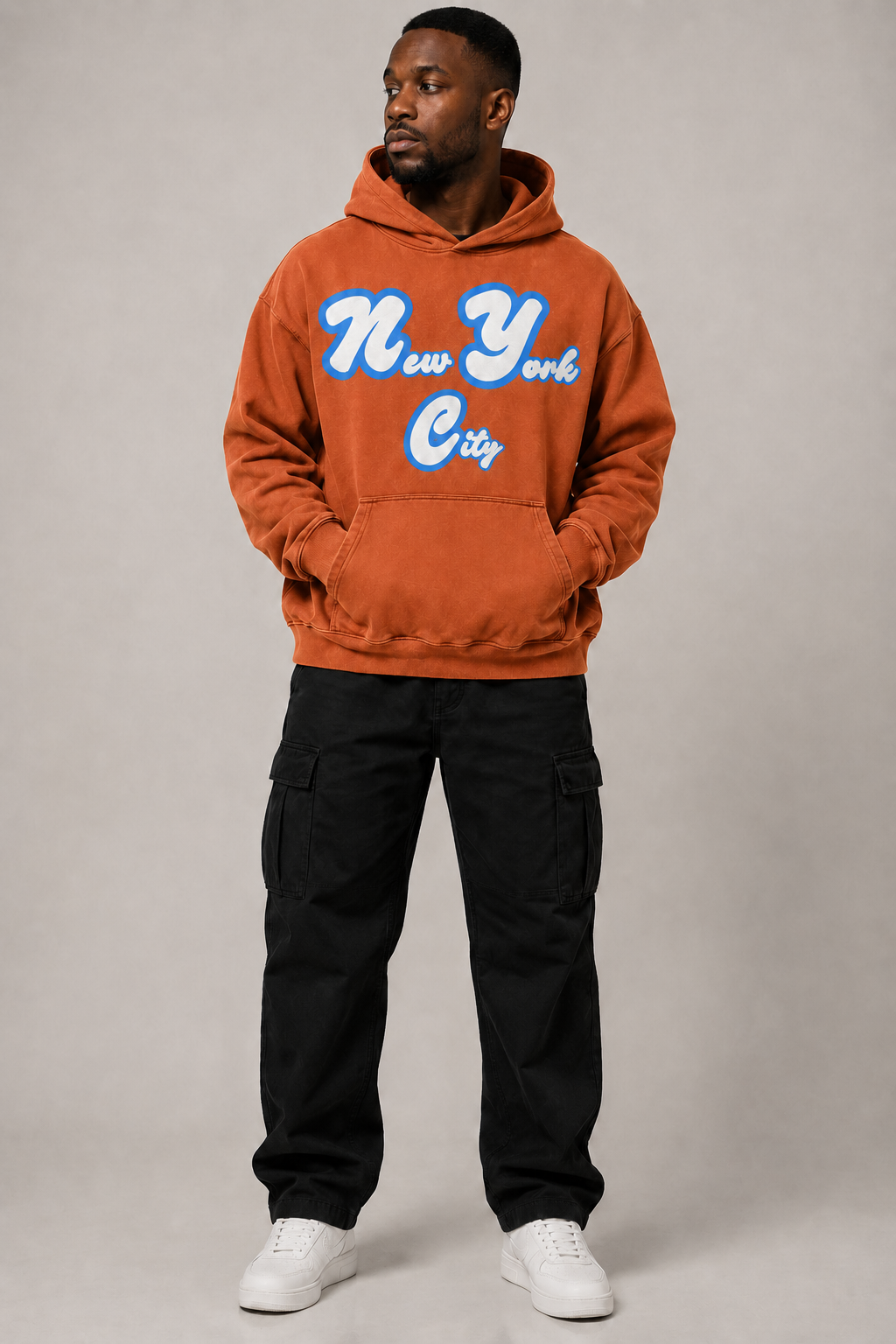 New York City Script 440 GSM Heavyweight Washed Oversized Hoodie in Copper Red, full-body three-quarter front-view men's studio model photo | City 2 City Wear