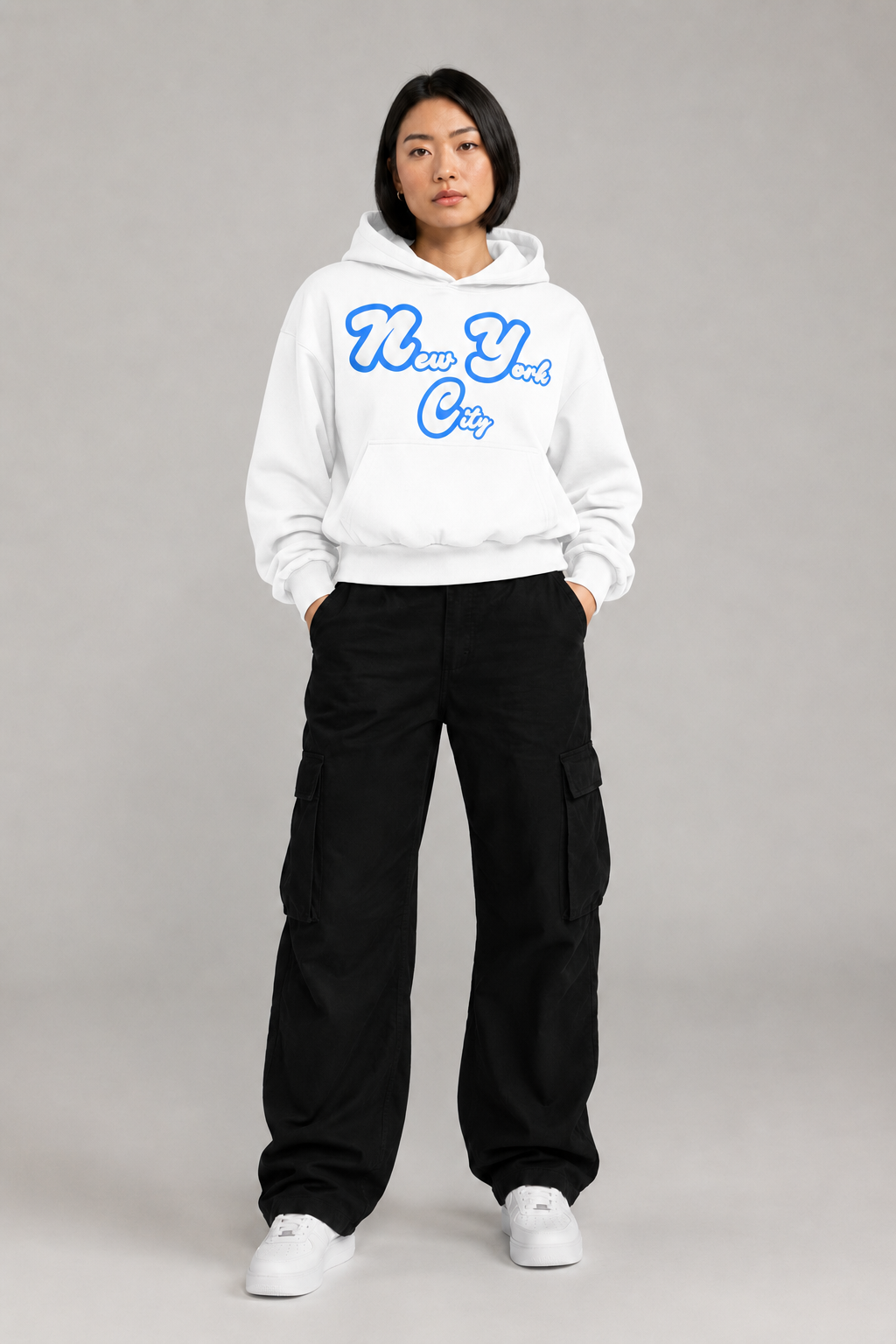 New York City Sculpted 400 GSM Women’s Hoodie in White, full-body front-view women's studio model photo | City 2 City Wear