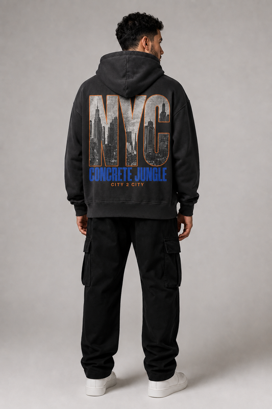 New York City Concrete Jungle Skyline 440 GSM Oversized Hoodie, Faded Black back-view full-body men's model photo | City 2 City Wear