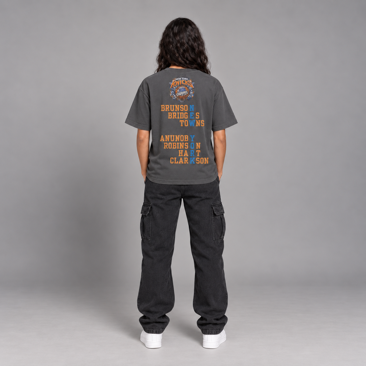 NYK 2026 Champs New York basketball 240 GSM boxy T-shirt in Graphite Gray on female model - full-body back view
