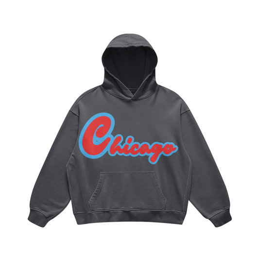 Front view of a washed-charcoal 440 GSM oversized Chicago hoodie with dropped shoulders, a kangaroo pocket, and a red-and-blue graphic.