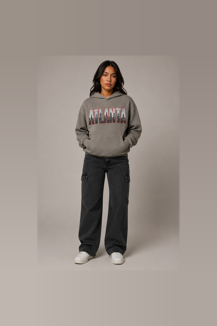 Atlanta A-Town Skyline 440 GSM oversized hoodie in Friar Gray on female model – full-body front view | City 2 City Wear