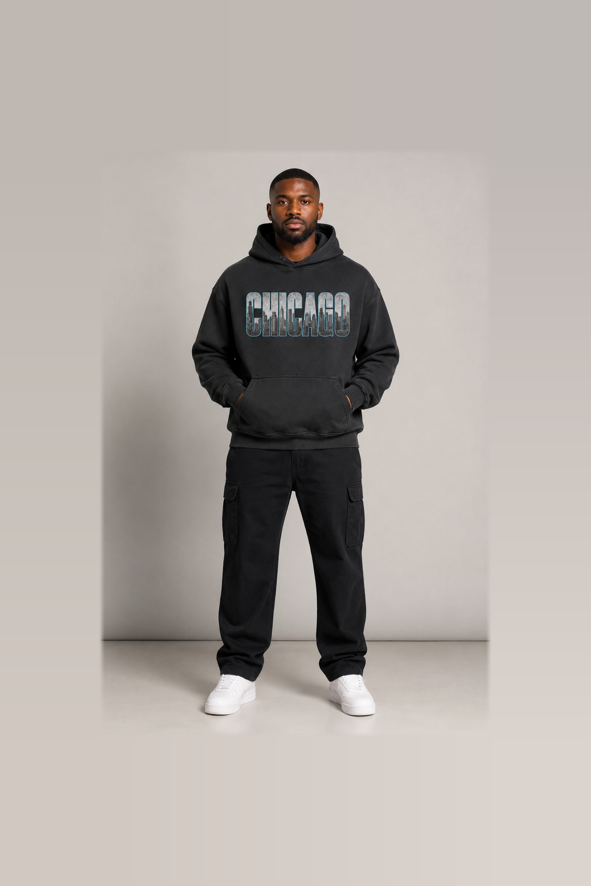 Chicago Windy City Skyline 440 GSM oversized hoodie on male model – full-body front view | City 2 City Wear