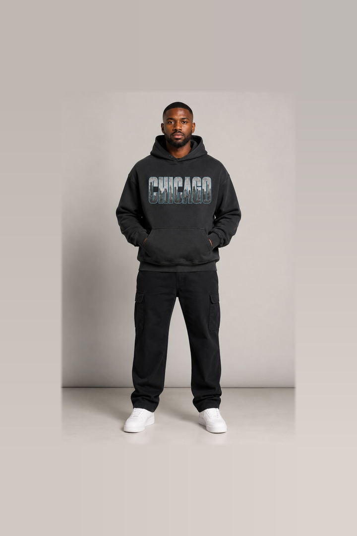 Chicago Windy City Skyline 440 GSM oversized hoodie on male model – full-body front view | City 2 City Wear