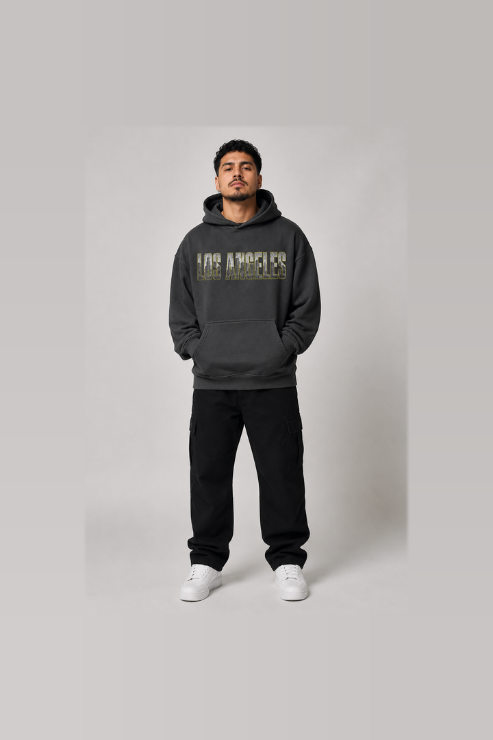 Los Angeles City of Angels Skyline 440 GSM oversized hoodie on male model – full-body front view | City 2 City Wear