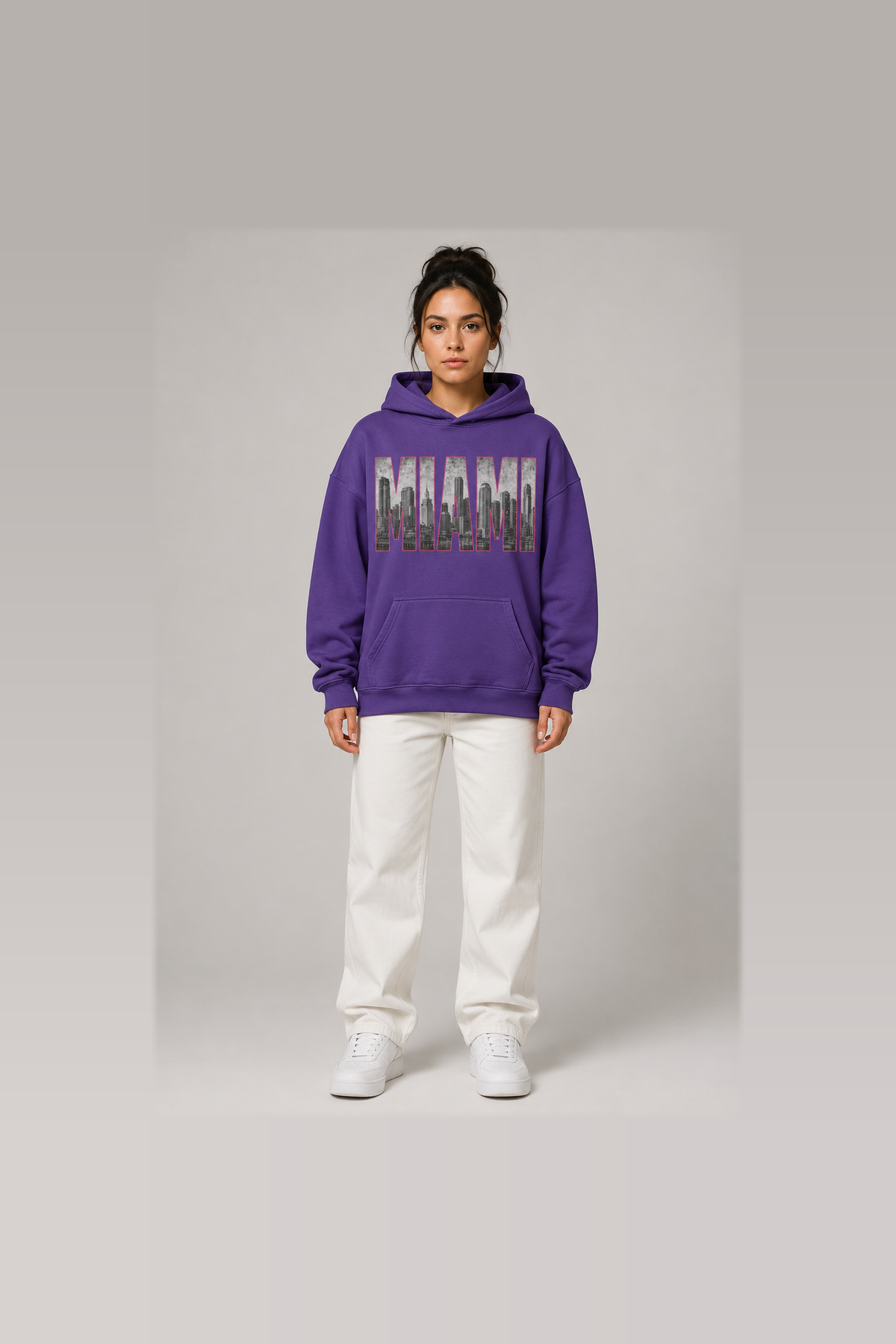 Miami 305 Till I Die Skyline 440 GSM oversized hoodie in Purple Haze on female model – full-body front view | City 2 City Wear
