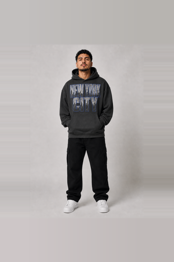 New York City Concrete Jungle 440 GSM oversized hoodie on male model – full-body front view | City 2 City Wear