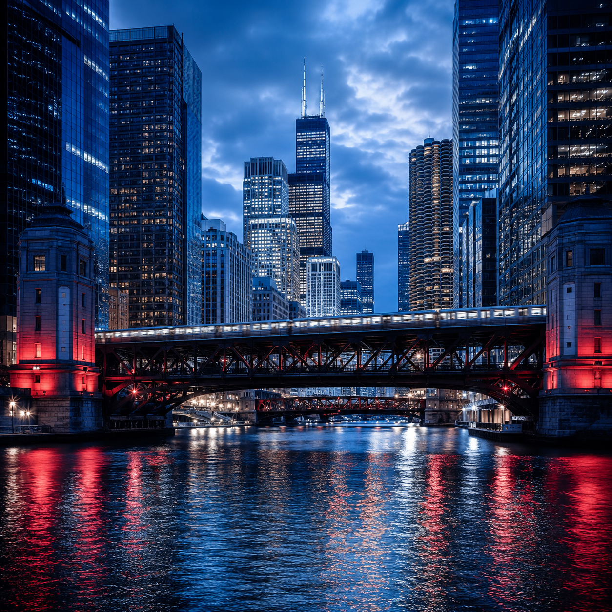 City 2 City Wear Chicago Collection featuring the Chicago River, elevated train and downtown skyline in blue, white and red light