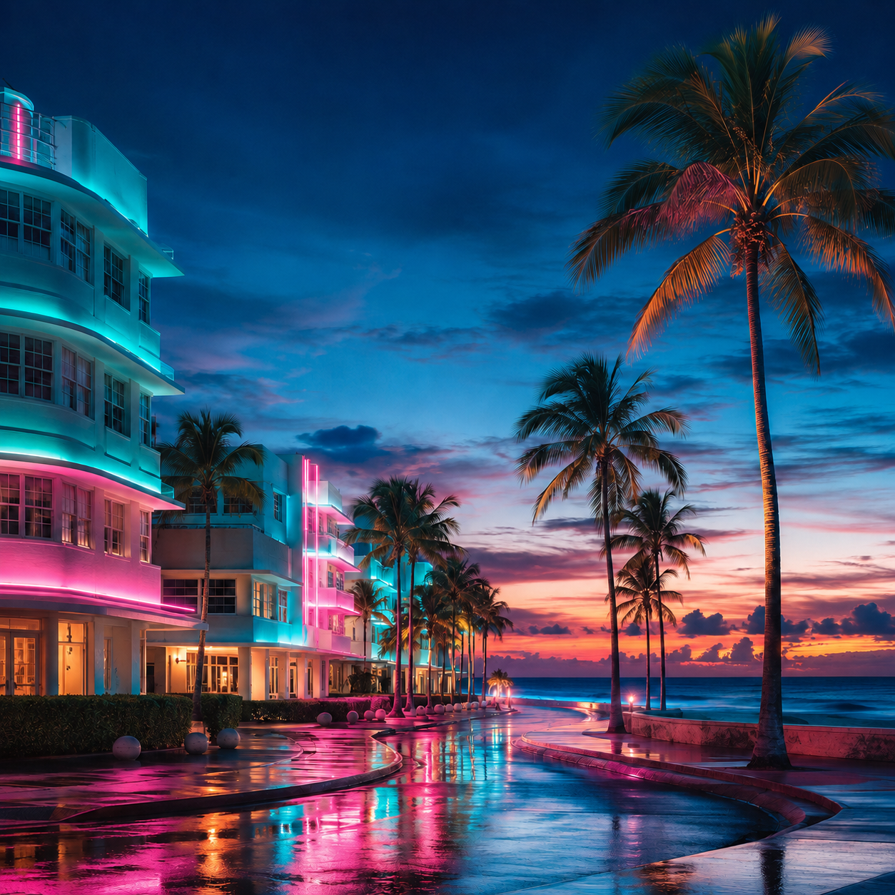 City 2 City Wear Miami Collection with teal and pink Art Deco buildings, palm trees and ocean at sunset