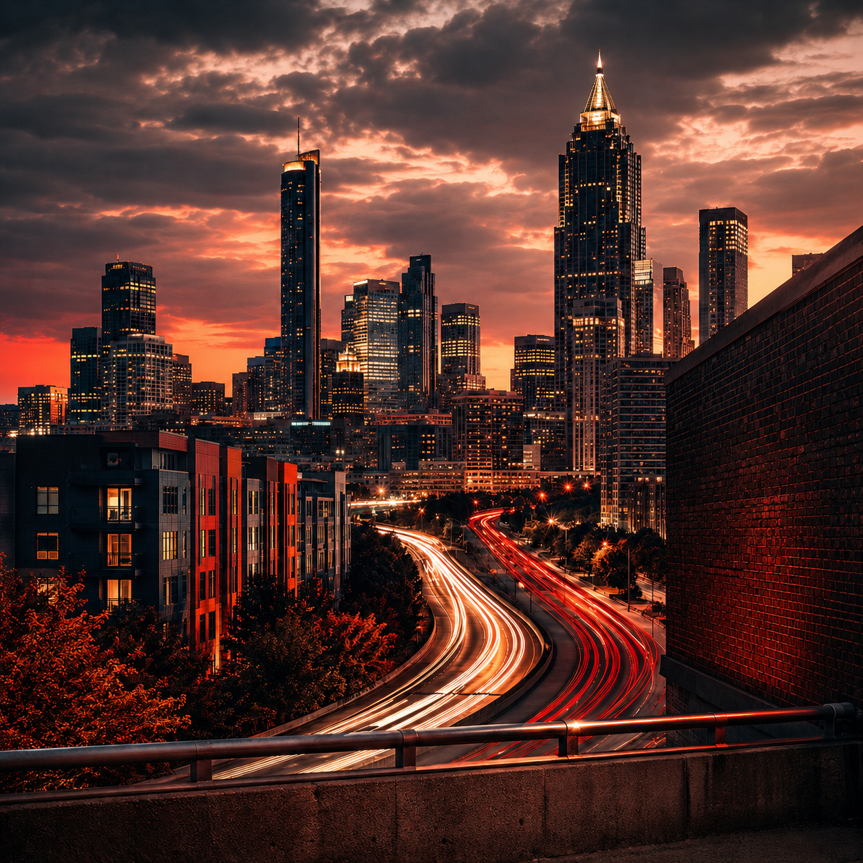 City 2 City Wear Atlanta Collection featuring the downtown Atlanta skyline with red and white highway lights at sunset