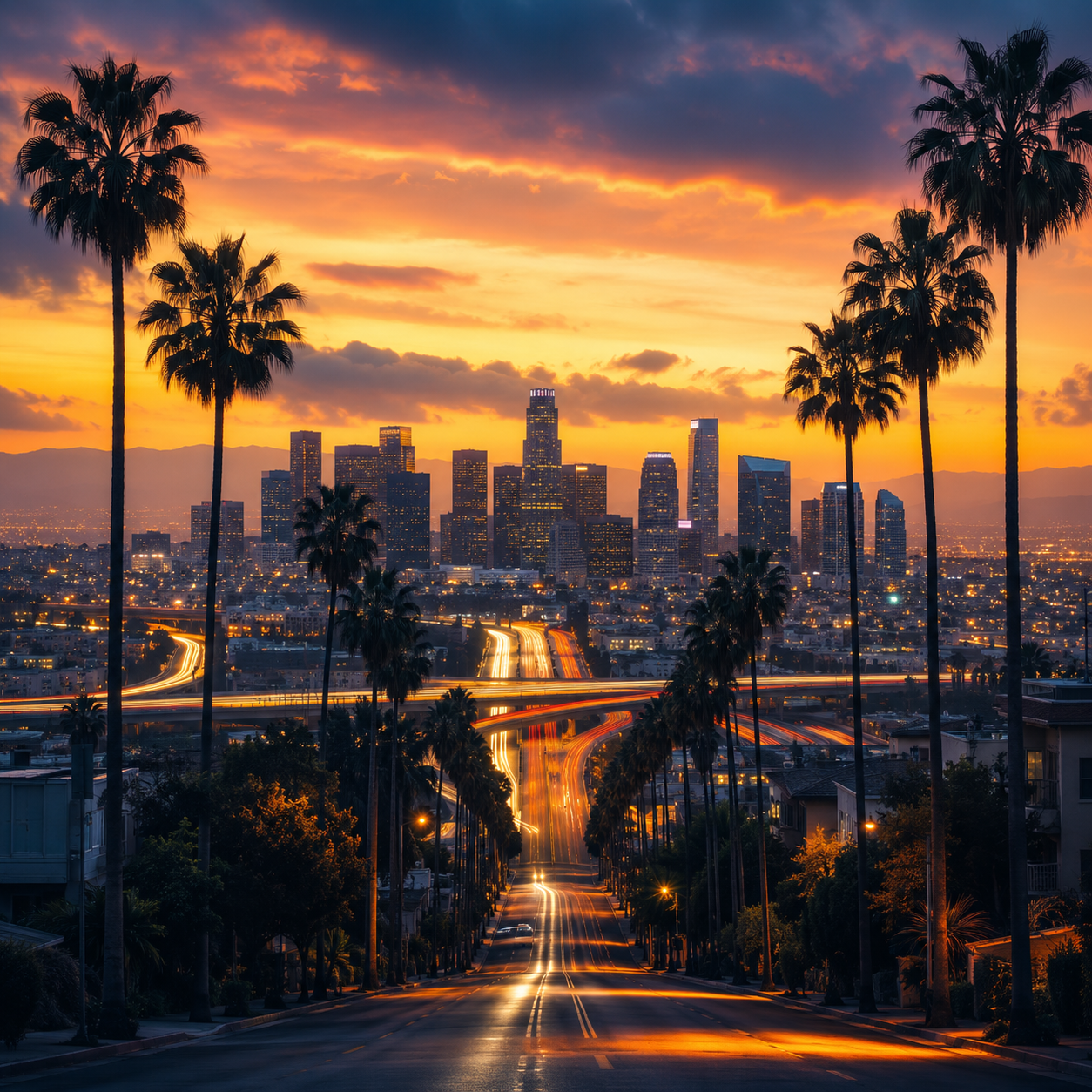 City 2 City Wear Los Angeles Collection featuring the downtown LA skyline, palm trees and golden freeway lights at sunset