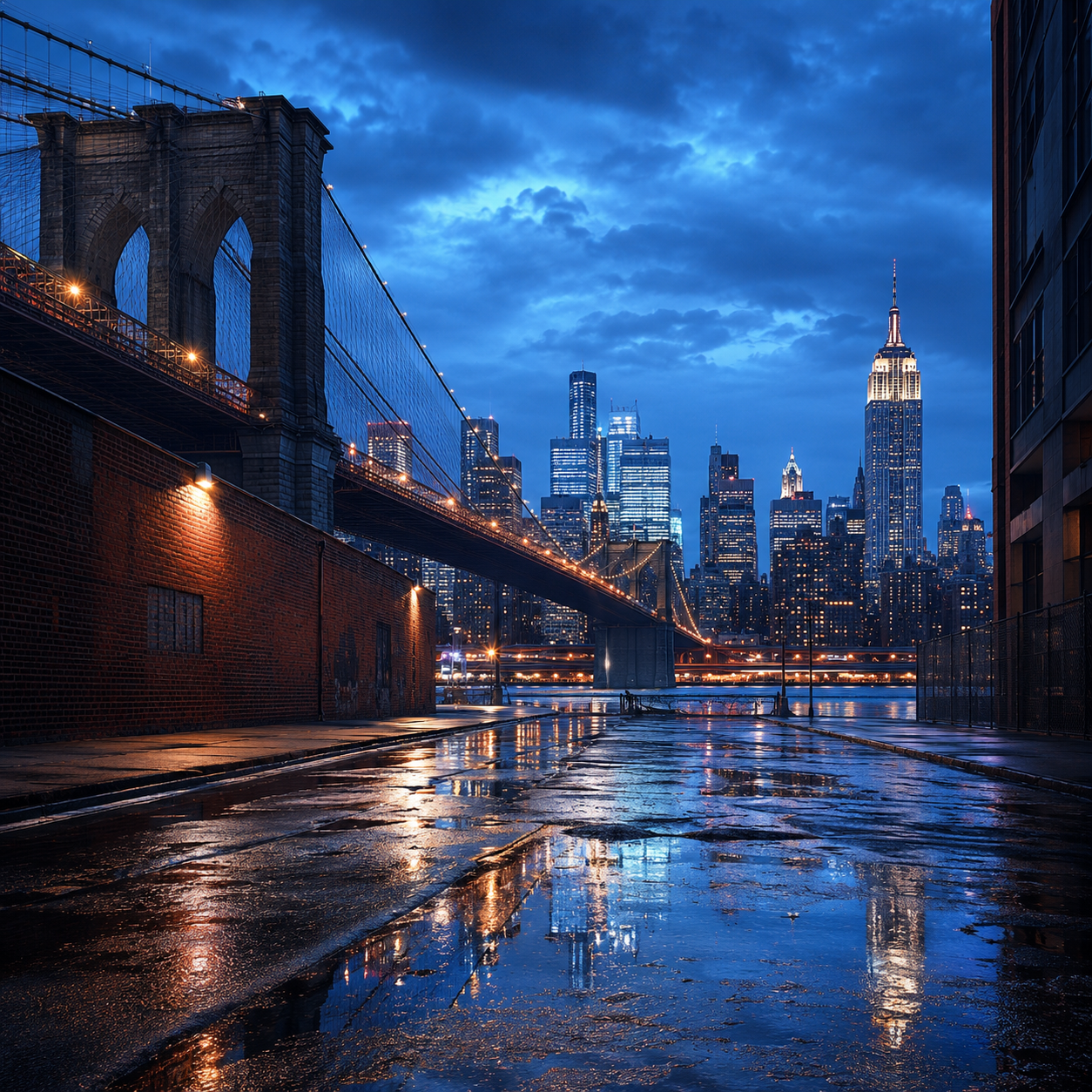 City 2 City Wear New York City Collection featuring the Brooklyn Bridge and Manhattan skyline in royal blue and orange light