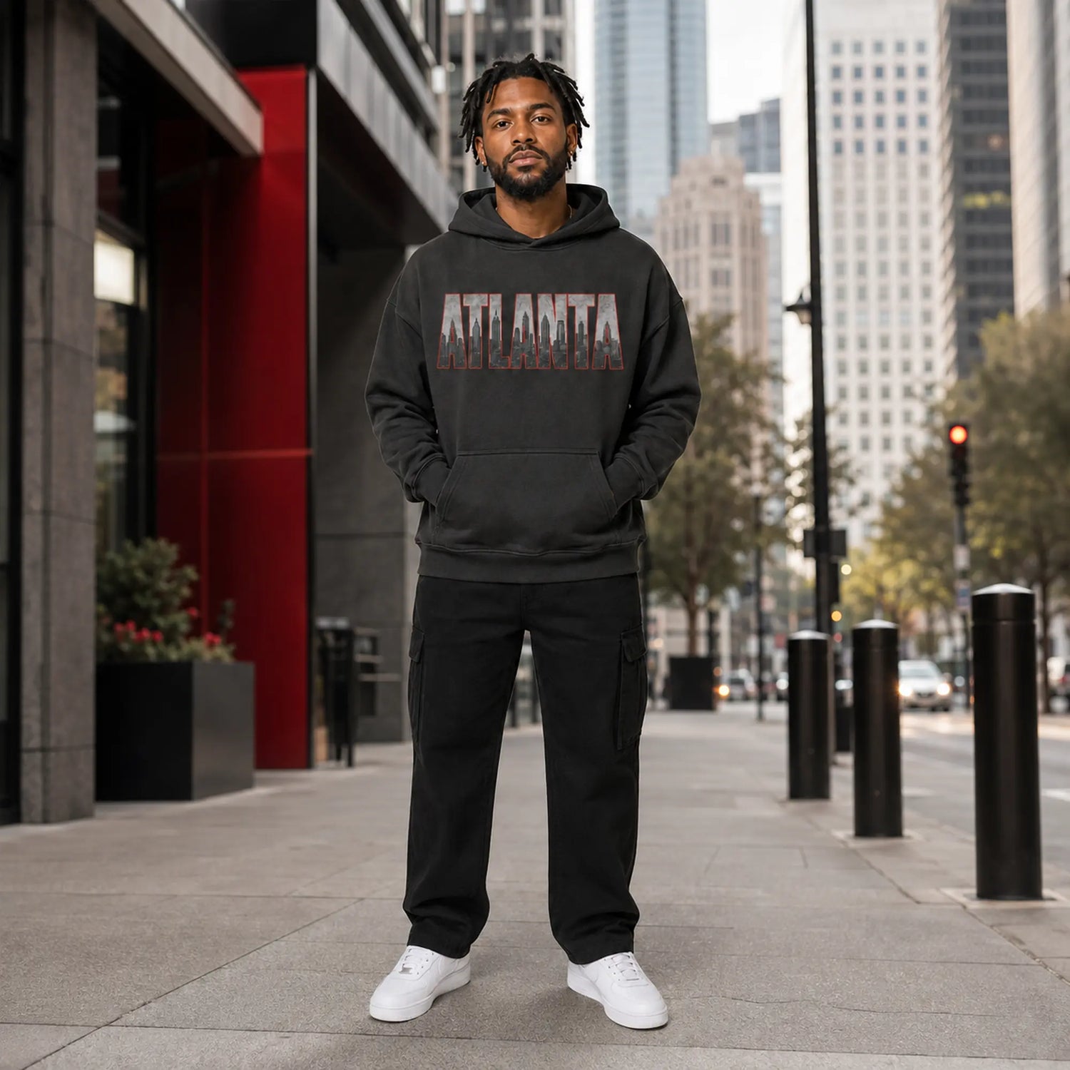 City 2 City Wear Atlanta Collection featuring a model in the A-Town skyline 440 GSM oversized hoodie in downtown Atlanta
