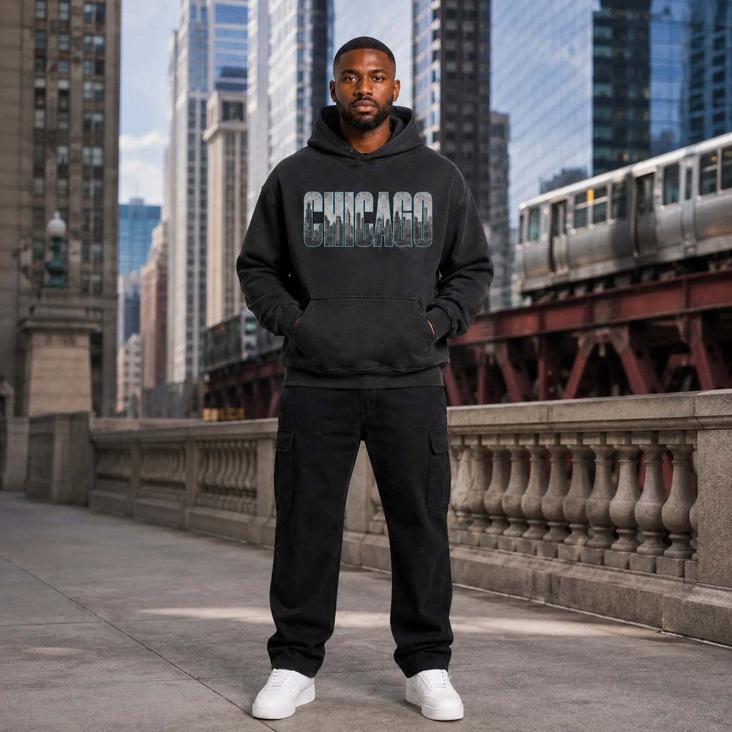 City 2 City Wear Chicago Collection featuring a model in the Windy City skyline 440 GSM oversized hoodie in downtown Chicago
