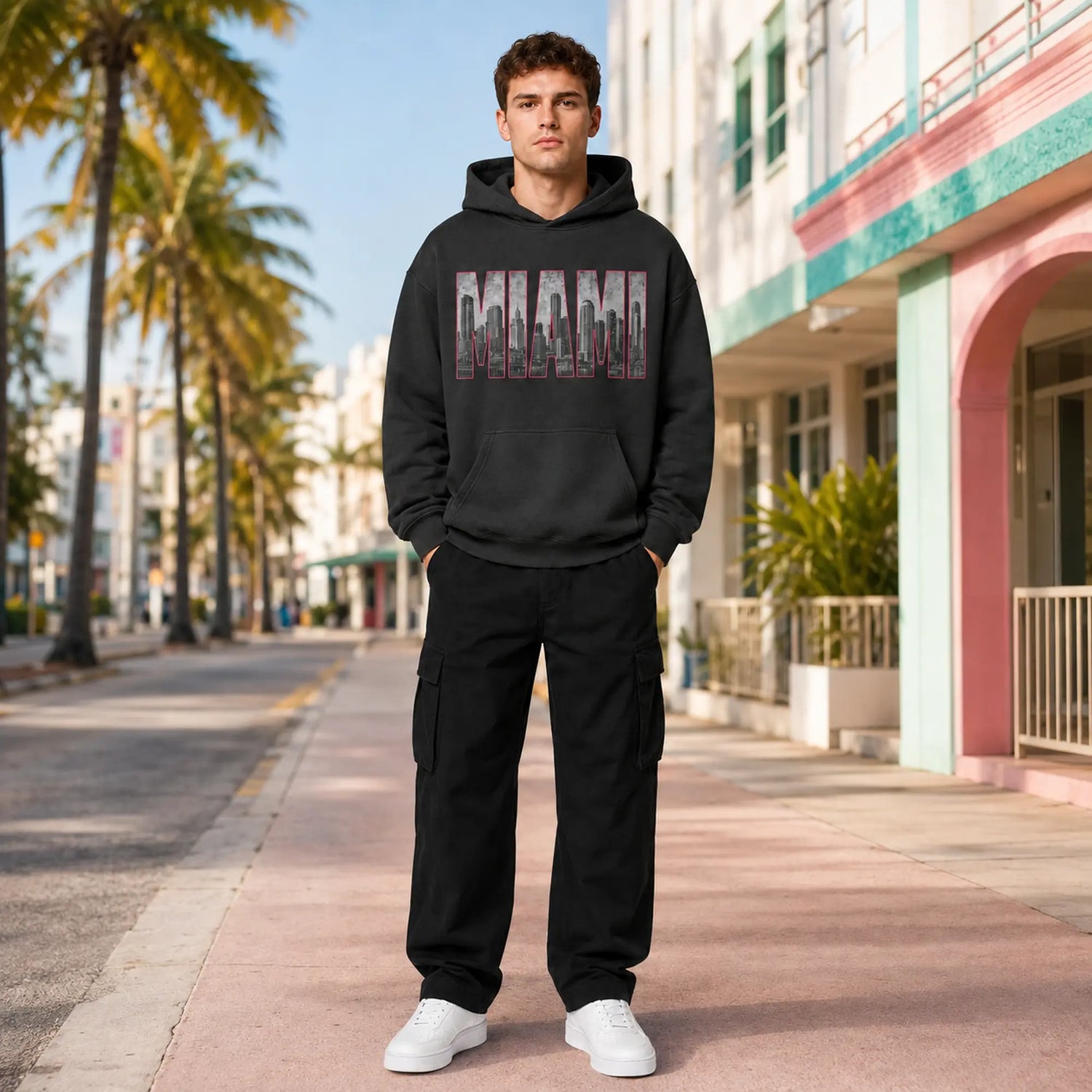 City 2 City Wear Miami Collection featuring a model in the Miami 305 skyline 440 GSM oversized hoodie on an Art Deco street