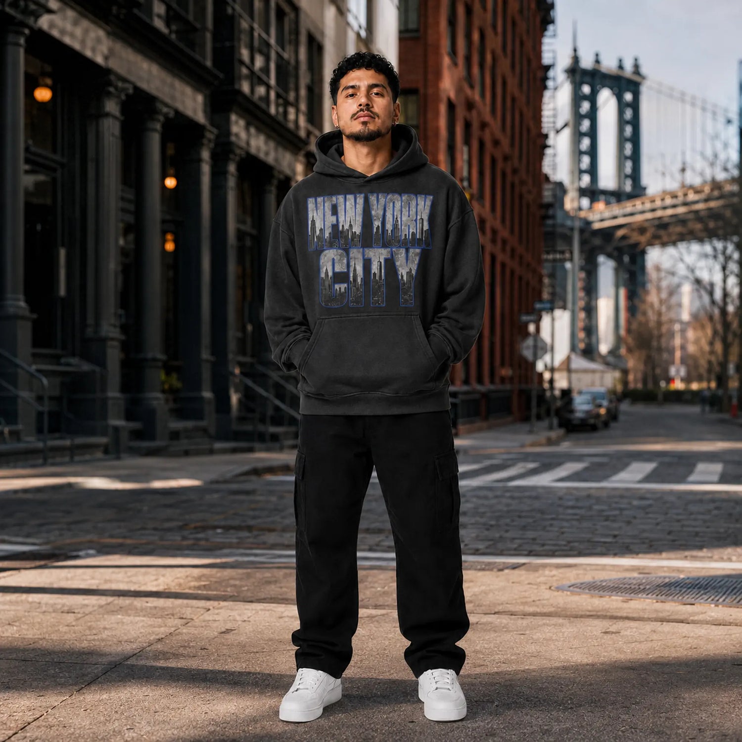 City 2 City Wear New York City Collection featuring a model in the Concrete Jungle 440 GSM oversized hoodie on a Brooklyn street