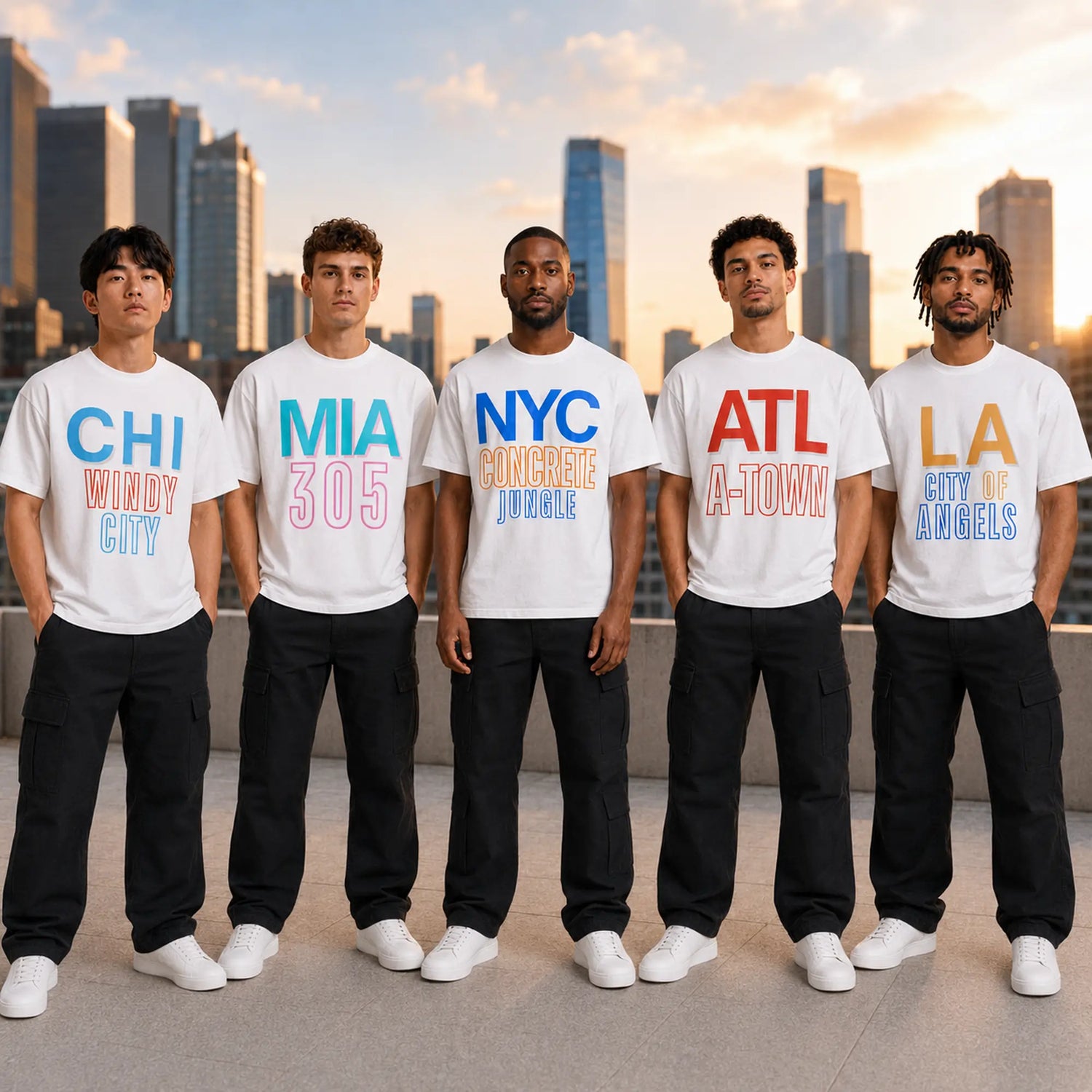 City 2 City Wear Rep Your City Collection featuring five models wearing NYC, Miami, Atlanta, Chicago and Los Angeles heavyweight boxy T-shirts