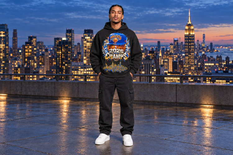 City Champions 2026 New York basketball hoodie on full-body model with NYC skyline