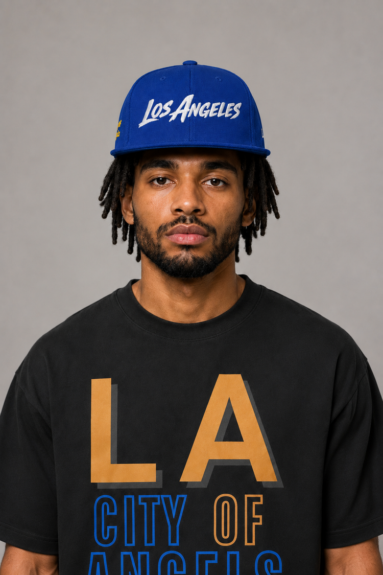 Los Angeles City of Angels embroidered snapback hat model portrait