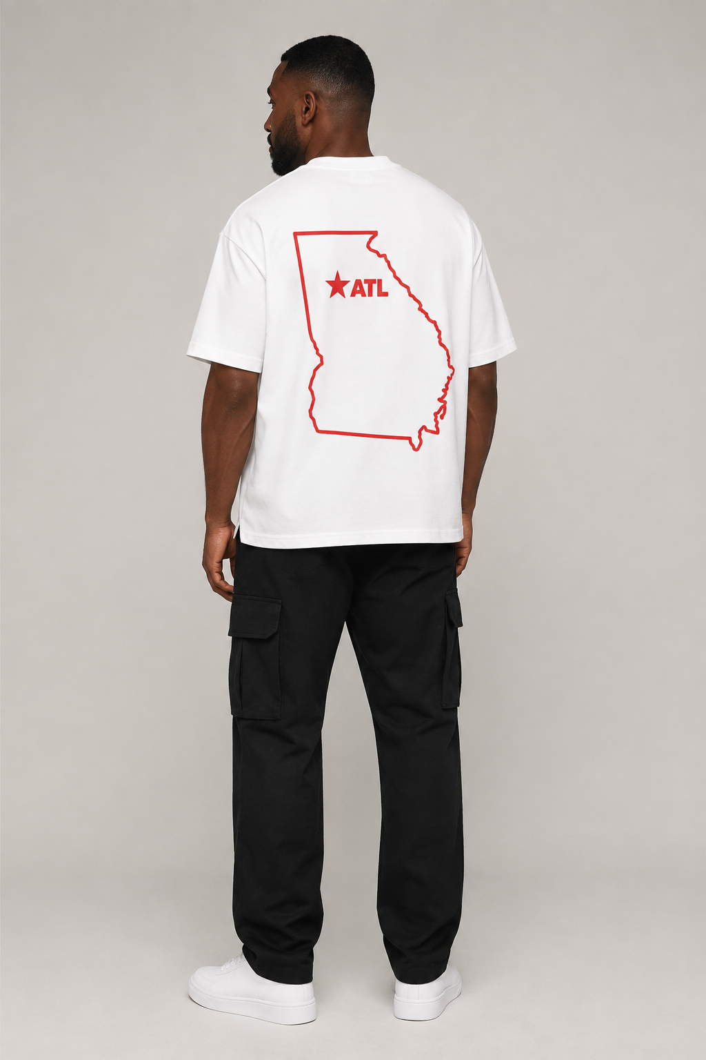 Atlanta 1847 Heritage 240 GSM Heavyweight Boxy T-Shirt, White back-view full-body men’s studio model photo, Atlanta | City 2 City Wear