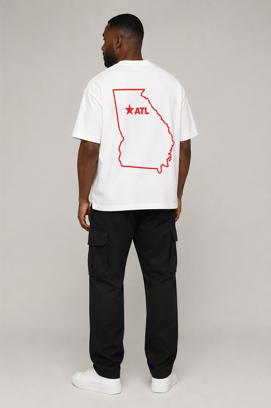 Atlanta 1847 Heritage 240 GSM Heavyweight Boxy T-Shirt, White back-view full-body men’s studio model photo, Atlanta | City 2 City Wear