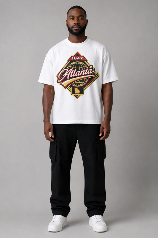 Atlanta 1847 Heritage 240 GSM Heavyweight Boxy T-Shirt, White front-view full-body men’s studio model photo, Atlanta | City 2 City Wear