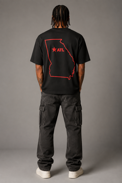 Atlanta 1847 Heritage 240 GSM Heavyweight Boxy T-Shirt, Black back-view full-body men’s studio model photo, Atlanta | City 2 City Wear