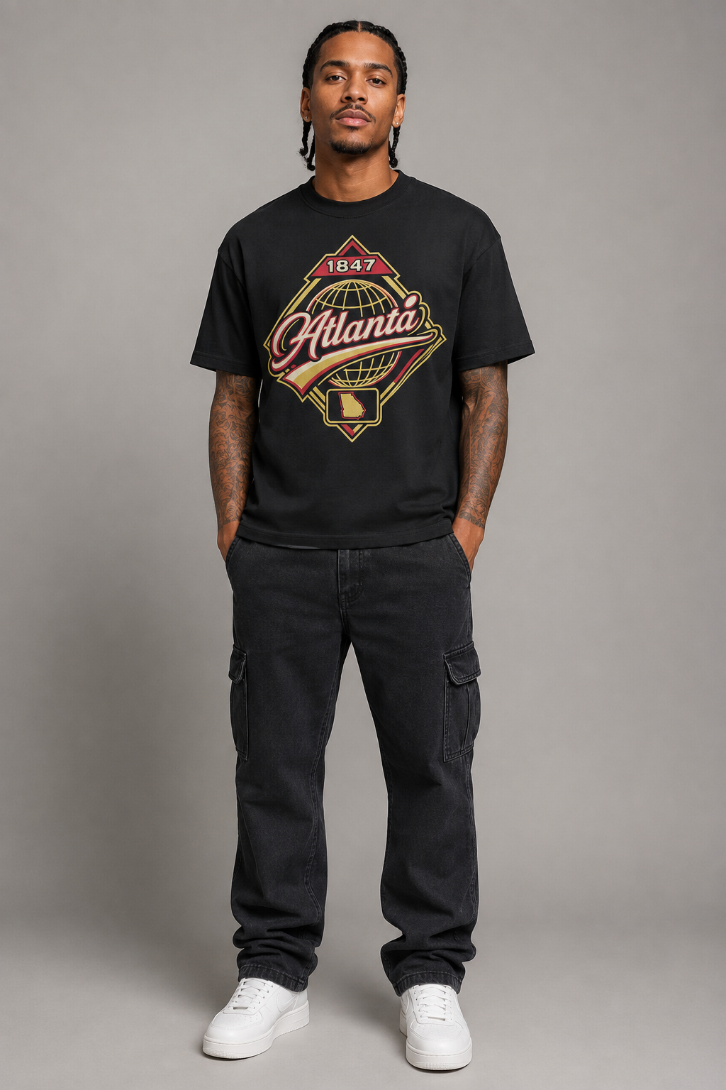 Atlanta 1847 Heritage 240 GSM Heavyweight Boxy T-Shirt, Black front-view full-body men’s studio model photo, Atlanta | City 2 City Wear
