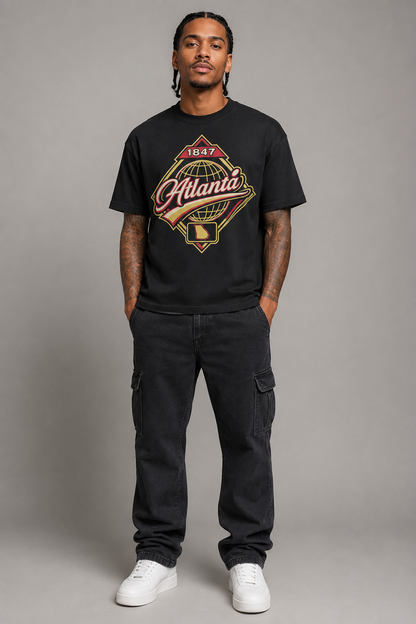 Atlanta 1847 Heritage 240 GSM Heavyweight Boxy T-Shirt, Black front-view full-body men’s studio model photo, Atlanta | City 2 City Wear