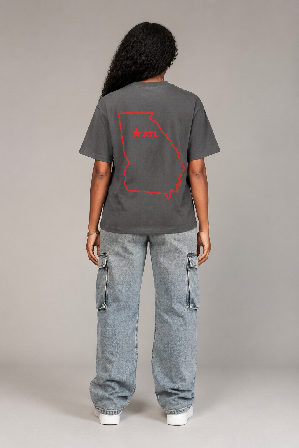 Atlanta 1847 Heritage 240 GSM Heavyweight Boxy T-Shirt, Graphite Gray back-view full-body women’s studio model photo, Atlanta | City 2 City Wear