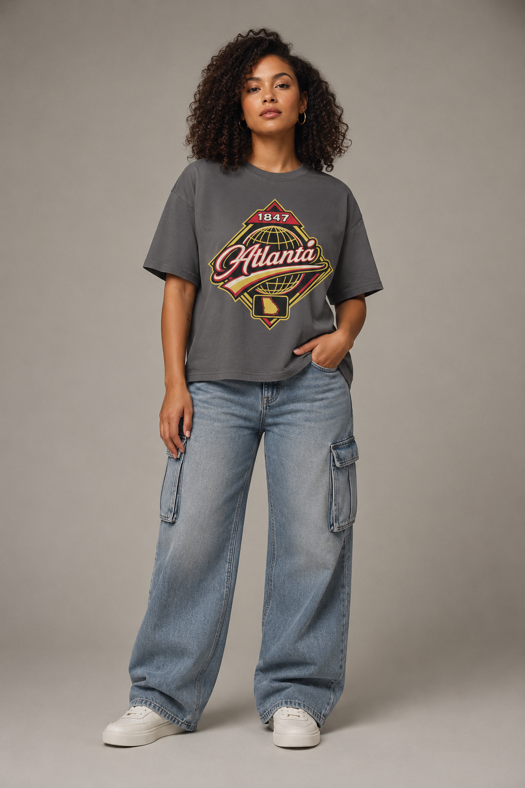 Atlanta 1847 Heritage 240 GSM Heavyweight Boxy T-Shirt, Graphite Gray front-view full-body women’s studio model photo, Atlanta | City 2 City Wear