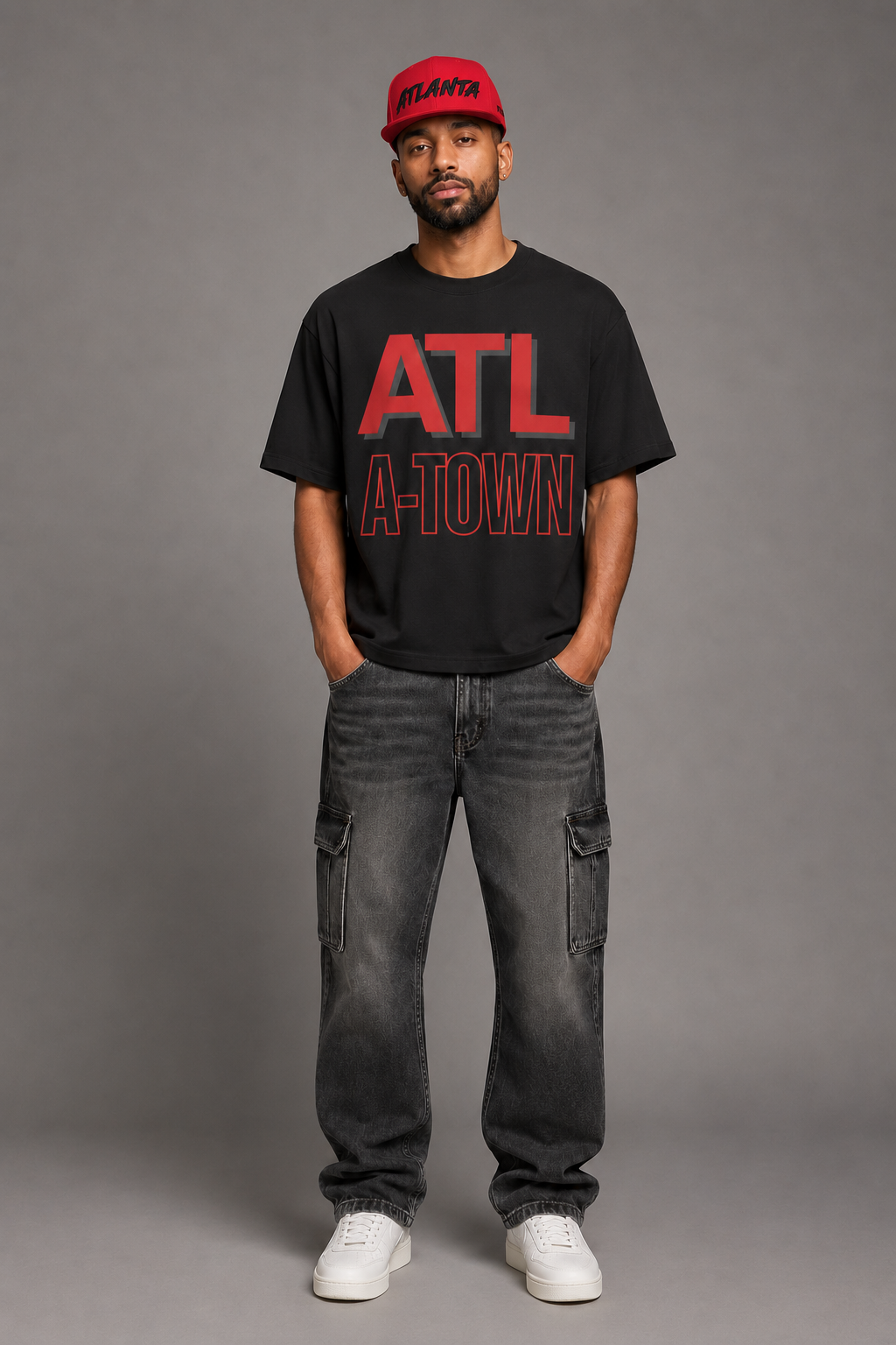 Atlanta A-Town Red Embroidered Snapback Hat — full-body Atlanta streetwear model wearing red ATLANTA snapback and black Atlanta A-Town Skyline graphic T-shirt | City 2 City Wear
