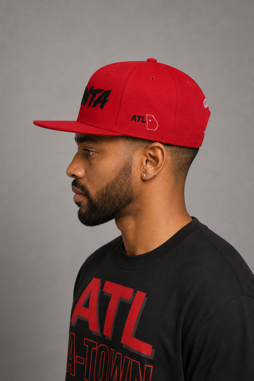 Atlanta A-Town Red Embroidered Snapback Hat — opposite-side Atlanta model close-up showing black ATL lettering and Georgia state outline embroidery | City 2 City Wear