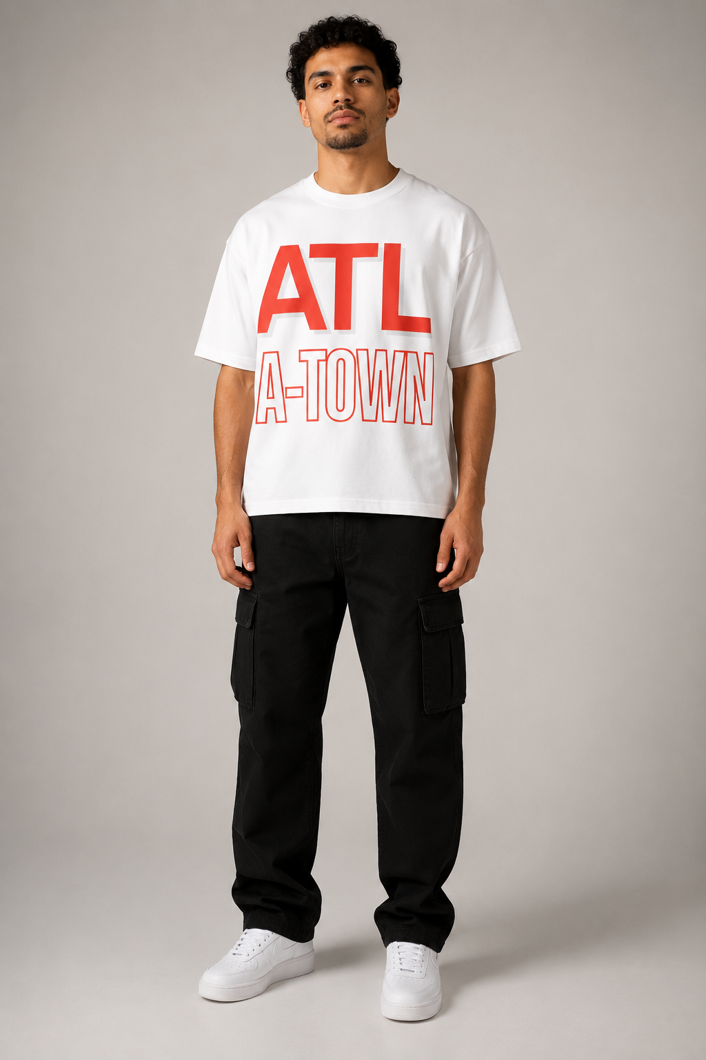 Atlanta A-Town Skyline 240 GSM Heavyweight Boxy T-Shirt, White front-view full-body men’s studio model photo, Atlanta | City 2 City Wear