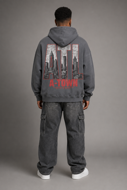 Atlanta A-Town Skyline 440 GSM Oversized Hoodie, Carbon Gray back-view full-body men’s studio model photo, Atlanta | City 2 City Wear